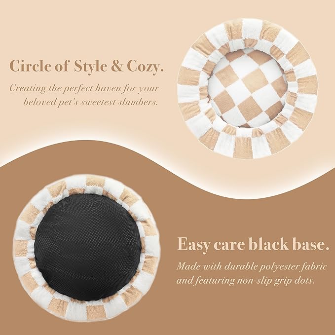 Checkered Dog Bed, Cute Beige Khaki Retro Style Aesthetic Round Warming Pet Calming Beds for Small Dog and Cats, Plush Cozy Donut Dog Beds Washable, 30" L x 30" W x 8" Th