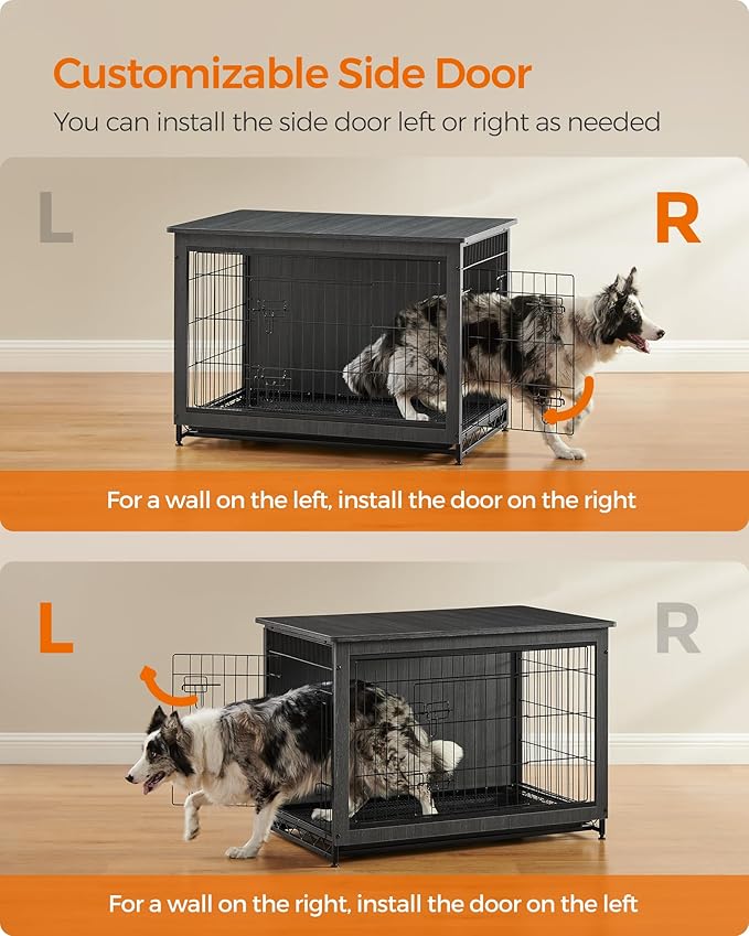 Feandrea Dog Crate Furniture, 38.6" Side End Table, Modern Kennel for Dogs Indoor up to 70 lb, Heavy-Duty Dog Cage with Multi-Purpose Removable Tray, Double-Door Dog House, Ink Black UPFC003B01