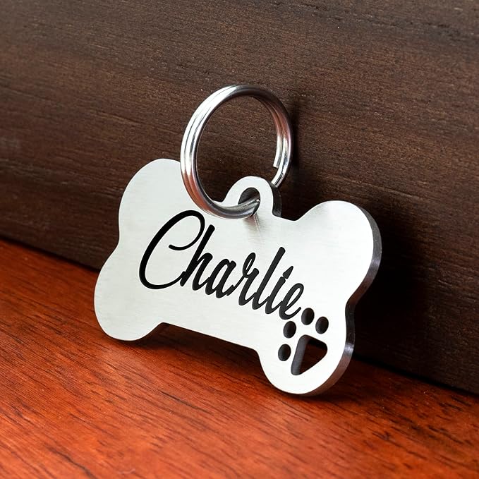 Ultra Joys Dog Tags Personalized for Pets - Hollow Paw Custom Pet ID Tag - Engraved Dog Tag for Small, Large Dogs - Small Bone in Silver