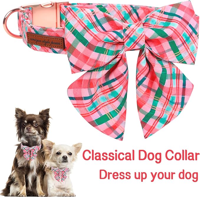 Unique style paws Dog Collar with Tie Pink & Green Plaid Dog Collar Best Gifts for Small Medium Large Dogs -S