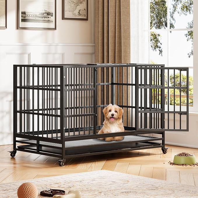 48 in Heavy Duty Dog Crate, Foldable Indoor Dog Cage with Double Door, 360° Lockable Wheels and Removable Tray, Easy to Clean and Assembly，for Small Medium Large Dogs