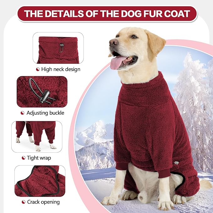 Dog Winter Coat, Warm Fleece Dog Jacket, Windproof Dog Pullover Jumpsuit, Full Body Dog Pajamas Onesie, Cold Weather Clothes for Medium Large Dog(Large,Red)