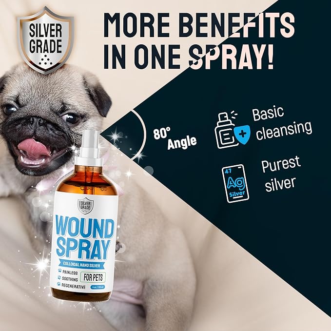 SILVER GRADE Wound Spray for Pets – Colloidal Silver Wound Care for Dogs & Cats – Helps with Skin Irritation, Hot Spots, Rashes, Scratching, Itch, Bites & Burns – Use a Dog Cone – 4 oz