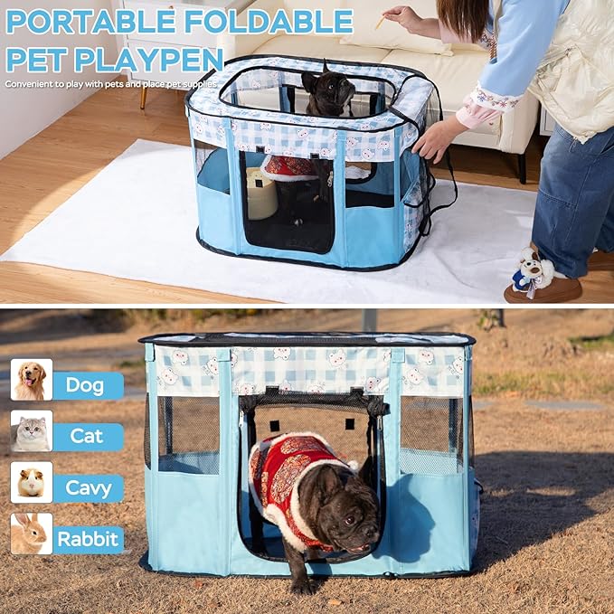 Dog and CAT pop Play Pen,Pets Houses for Dogs and Cats,Indoor&Outdoor Exercise Pen Dog Tent Puppy Playground Large (M, Bule)