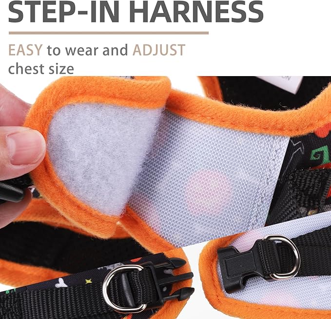 PUPTECK Adjustable Dog Harness Collar and Leash Set Step in No Pull Pet Harness for Small Medium Dogs Puppy and Cats Outdoor Walking Running, Soft Mesh Padded Reflective Vest Harnesses, Halloween, L
