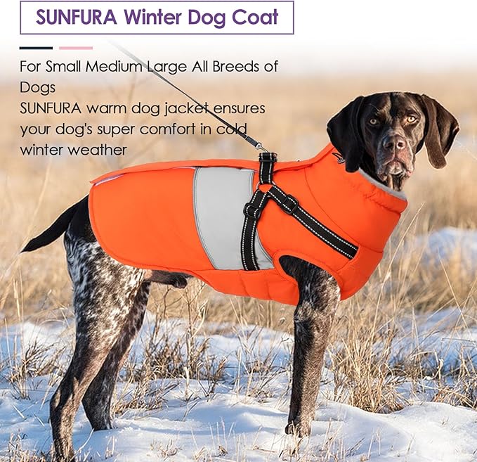 SUNFURA Dog Coat, XXL Dog Jacket Winter with Harness Built in, Waterproof Pet Snow Jacket with Furry Collar for Chilly Day, Reflective Fleece Snowsuit for Extra Large Dogs, Orange 2XL
