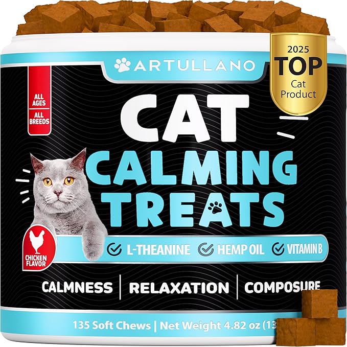 Hemp Cat Calming Treats for Stress & Anxiety Relief - Cat & Kittens - Melatonin - Storm Anxiety, Сomposure, Grooming, Separation, Veterinary Visits, Travel Care - Calming Aid with Hemp Oil - 135 Chews
