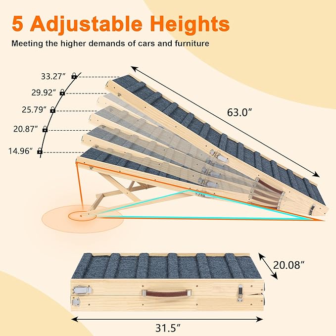 Clikuutory 2025 Upgraded Dog Ramp for Couch, 63" Foldable Small Dog Ramp for Bed, 5 Adjustable Height from 16" to 34", Portable Stable Pet Steps with Anti-Slip Carpet for Low Bed Couch Stairs, Wood
