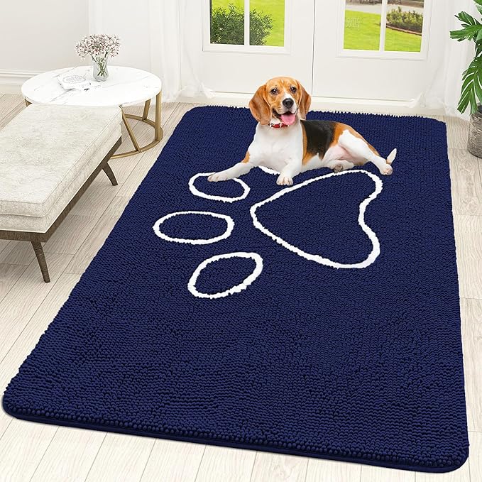 OLANLY Dog Door Mat for Muddy Paws 70x46, Paw Print Design, Absorbs Moisture and Dirt, Absorbent Non-Slip Washable Doormat, Quick Dry Chenille Mud Mat for Dogs, Entry Indoor Entryway Carpet, Navy Blue