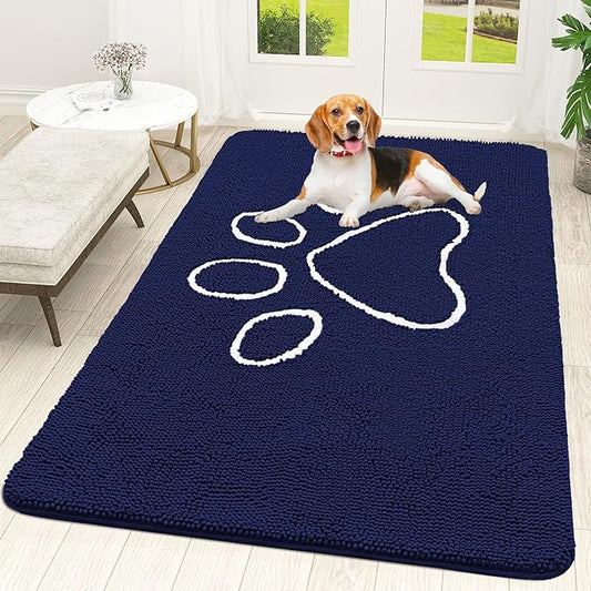 OLANLY Dog Door Mat for Muddy Paws 70x46, Paw Print Design, Absorbs Moisture and Dirt, Absorbent Non-Slip Washable Doormat, Quick Dry Chenille Mud Mat for Dogs, Entry Indoor Entryway Carpet, Navy Blue
