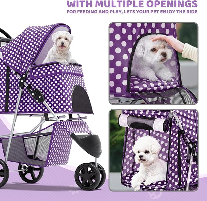 Magshion 3-Wheel Pet Stroller, Foldable Travel Jogger for Small & Medium Dogs & Cats (Up to 33lbs), Lightweight Carrier with Breathable Mesh Cover, Cup Holder & Storage Basket, Purple Polka Dots