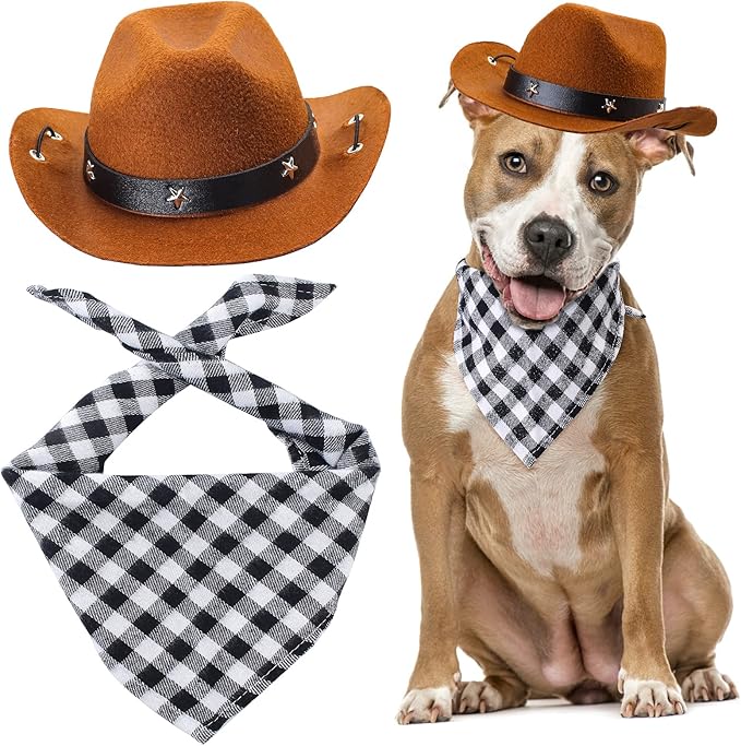 Yewong Pet Cowboy Costume Accessories - Dog Cat Pet Size Cowboy Hat and Bandana Scarf West Accessories for Puppy Kitten Party Festival and Daily Wearing Set of (Coffee Hat+Black Bib)