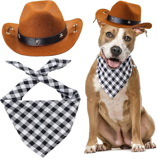 Yewong Pet Cowboy Costume Accessories - Dog Cat Pet Size Cowboy Hat and Bandana Scarf West Accessories for Puppy Kitten Party Festival and Daily Wearing Set of (Coffee Hat+Black Bib)