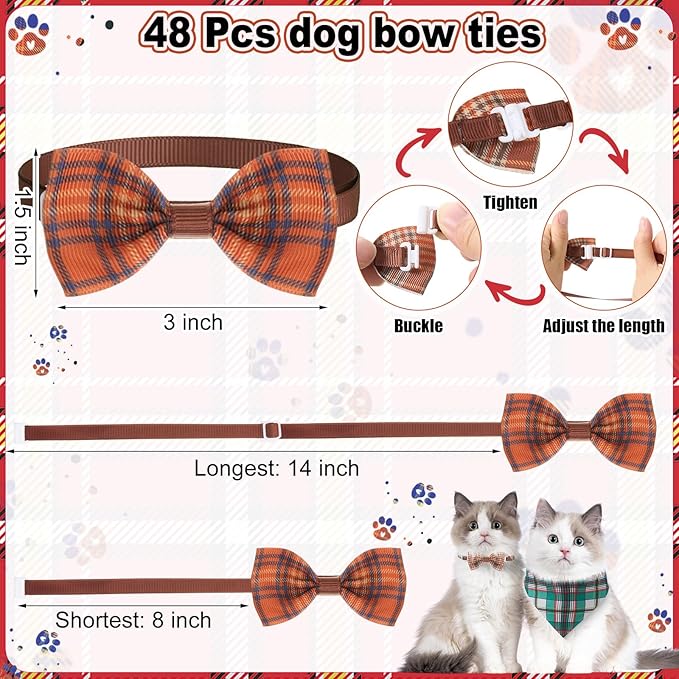 108 Pcs Christmas Adjustable Dog Bandanas Bulks Plaid Striped Bow Ties for Dogs Autumn Buffalo Bowknot Reversible Triangle Scarf Kerchief for Small Large Medium Pet Grooming Outfit Costume