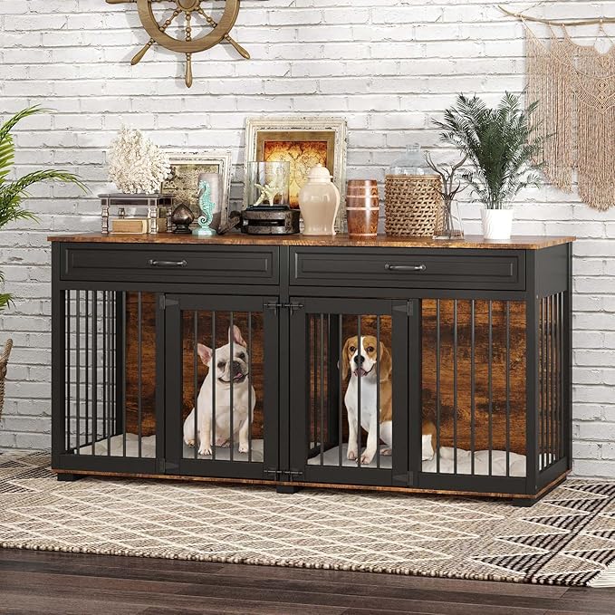 64.6" Furniture Dog Crate,Heavy Duty Wooden Dog Cage Furniture,Indoor Dog Kennel with Drawers & Removable Divider,Luxury Dog House w/Double Rooms for Small Medium Dogs,Rustic Brown