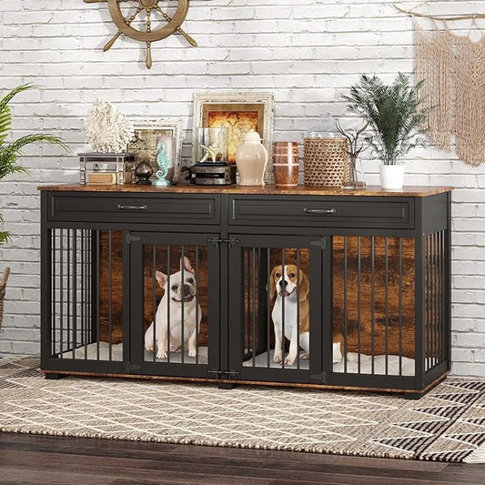 64.6" Furniture Dog Crate,Heavy Duty Wooden Dog Cage Furniture,Indoor Dog Kennel with Drawers & Removable Divider,Luxury Dog House w/Double Rooms for Small Medium Dogs,Rustic Brown