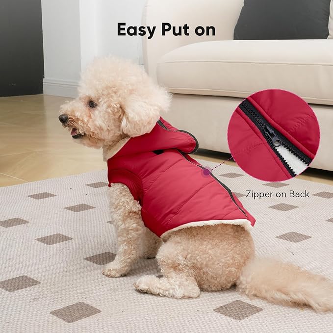 Fleece Lining Dog Hoodie with Harness Built in,Extra Warm Medium Dog Jacket in Winter Doggie Coats with Hooded,Red L