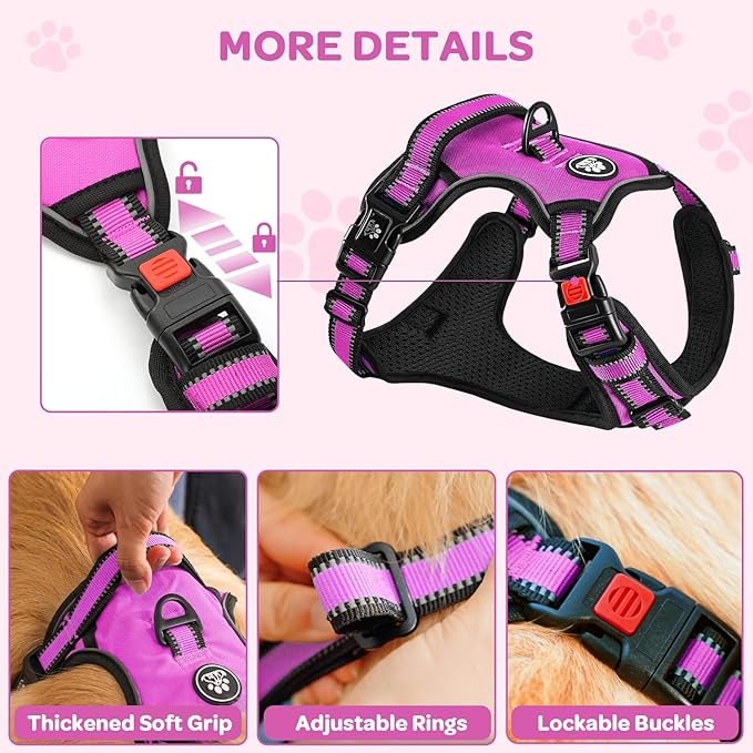 FURRYFECTION Dog Harness | No Pull Dog Harness | Reflective Oxford | Padded Handle | 4 Adjustable Straps | 2 Leash Clips | No Choke Pet Vest Harness for Small Medium Large Dogs | Rose | M