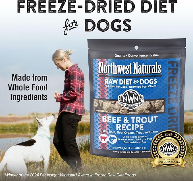 Northwest Naturals Freeze-Dried Beef & Trout Dog Food - Bite-Sized Nuggets - Grain-Free, High-Protein, Raw Diet, Human-Grade Ingredients, All Natural, Omega-3 for Skin & Coat - 12 Oz (Pack of 2)