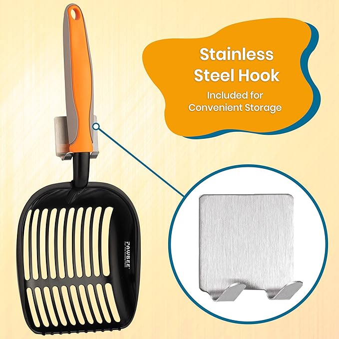 PAWBEE Metal Cat Litter Scoop, Premium Non-Stick Cat Litter Scooper with Holder, Deep Shovel metal pooper scooper, Long Non-Slip Handle Kitty Litter Scoop, Cat Poop Scooper, Cat Scooper for Litter Box