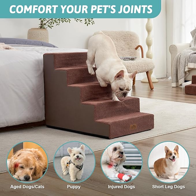 Dog Stairs for Small Dogs, 5 Tier Wider Pet Stairs for High Beds, 23.6" H Non-Slip Dog Steps for Old Cats, Puppies, Small Medium Dogs, 19.7x29.5x23.6 inch, Brown