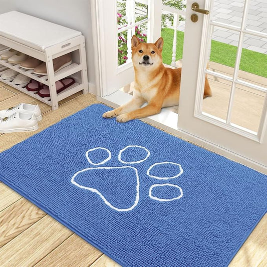OLANLY Dog Door Mat for Muddy Paws 48x30, Paw Print Design, Absorbs Moisture and Dirt, Absorbent Non-Slip Washable Doormat, Quick Dry Chenille Mud Mat, Entry Indoor Entryway Carpet, Cornflower Blue