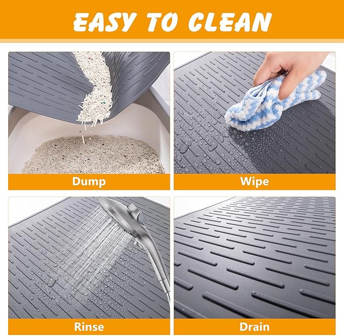 Silicone Cat Litter Mat, 28x20 in Waterproof Litter Box Mat Cats Feeding Mats with Raised Edges, Quick Clean Desig (Grey)