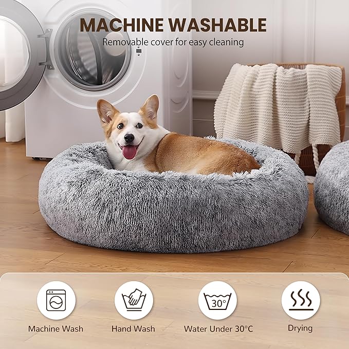 Calming Dog Bed - Donut Washable Medium Size Round Pet Bed for Dogs and Cats, 30 inches Anti-Slip Fluffy Faux Fur Plush Cat Bed, Anti-Anxiety Cushion with Anti-Slip Bottom