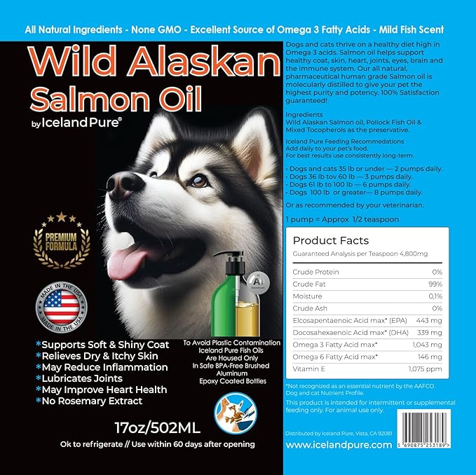 Wild Alaskan Salmon Oil for Dogs and Cats by Iceland Pure | 1,043 mg of Omega-3 per Teaspoon | Salmon Oil & Pollock Blend | BPA-Free Brushed Aluminum Epoxy Coated Bottle with Pump - 17 oz