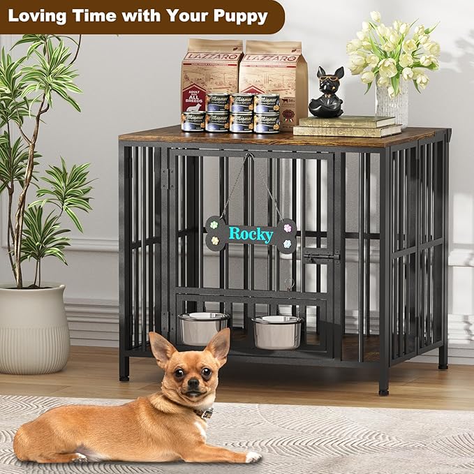 Easycom 27" Dog Crate Furniture Foldable, No Assembly Decorative Dog Kennel Indoor, Dog Crates for Small Dogs (Under 20 lb), Wooden Dog Cage with Adjustable Bowls and Name Tag, End Table, Rustic Brown