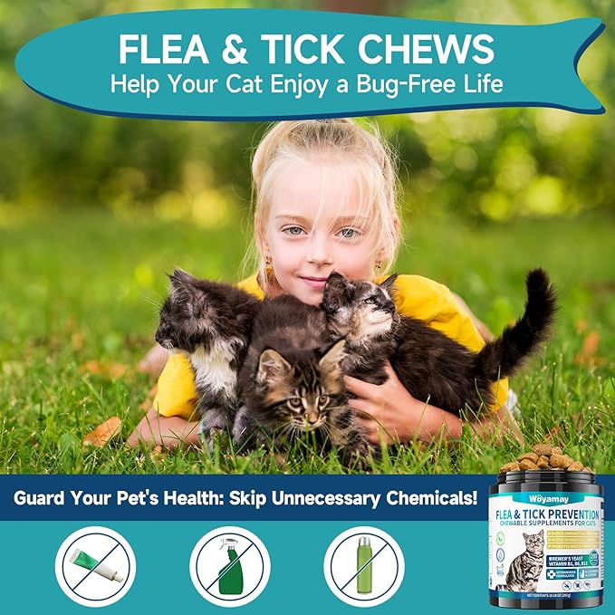 Flea Treatment for Cats, 200 Treats Flea and Tick Prevention for Cats Chewables, Natural Cat Flea and Tick Treatment Chews Daily Oral Flea Supplement, Kitten Cat Flea Treatment, Chicken Flavor