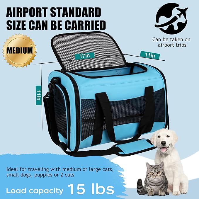 Pet Carriers Soft-Sided Airline Approved Carrier Bag for Small Cats Dogs (Medium,Blue)