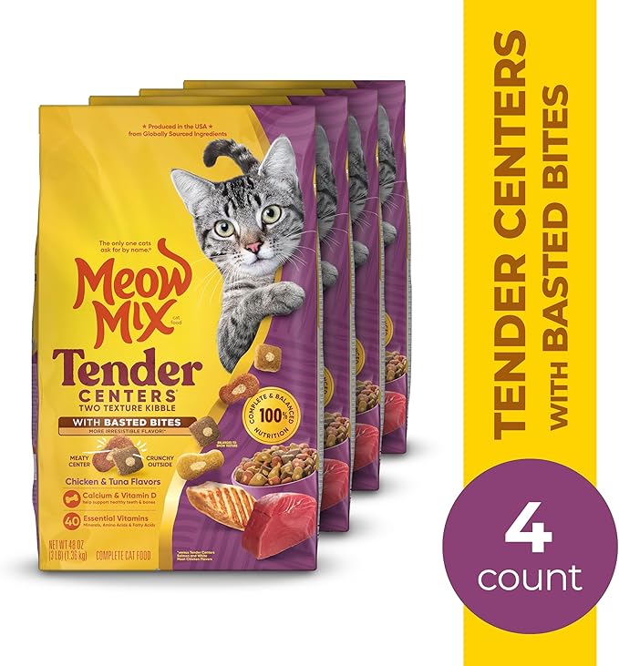 Meow Mix Tender Centers Basted Bites Dry Cat Food, Chicken & Tuna Flavor, 3 Pound (Pack of 4), Crunchy Outside Meaty Inside