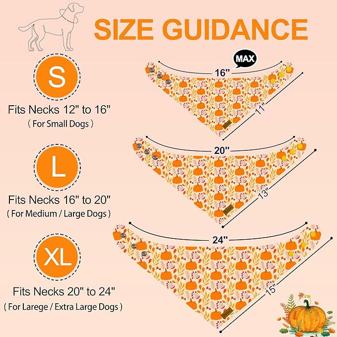 Fall Dog Bandanas - 2 Pack Thanksgiving Dog Bandana with Snap Button, Reversible Pumpkin Pet Scarf for Boy & Girl, Premium Durable Fabric, Holiday Bandana for Large & Extra Large Dogs (X-Large)