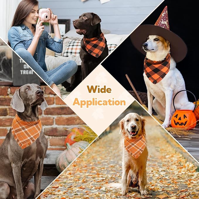 Kytely Dog Bandana Fall Christmas XLarge 2Pack, Halloween Thanksgiving Dog Bandanas, Orange Plaid Pet Scarf for Boy and Girl, Holiday Bandana Reversible Triangle Bibs Accessories for Dogs Pets