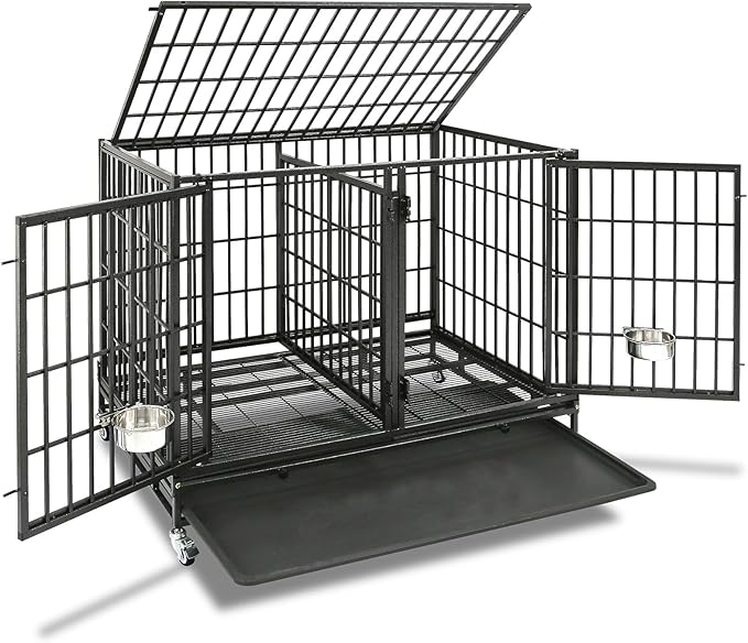 Homey Pet 42 inch Stackable Heavy Duty Dog Crate Cage on Wheels with Divider, 2 Bowls, 4 Lockable Wheels, Tray, Indestructible Escape Proof Lager Dog Kennel Indoor