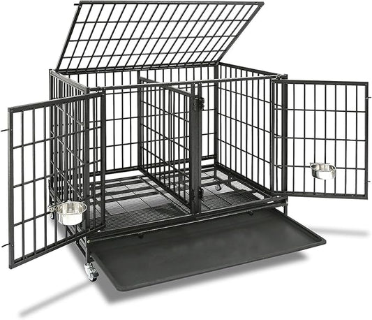 Homey Pet 42 inch Stackable Heavy Duty Dog Crate Cage on Wheels with Divider, 2 Bowls, 4 Lockable Wheels, Tray, Indestructible Escape Proof Lager Dog Kennel Indoor
