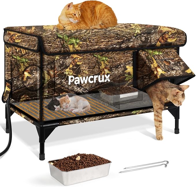 Heated Cat House for Outdoor in Winter, Insulated & Safe Escape Door & Waterproof Heated Cat Bed Shelter with Heating Pad, Warm Home for Outside Feral Barn Stray Kitty(Leaf Color, 16"x28"x19")