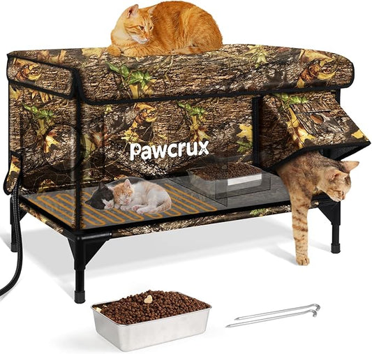 Heated Cat House for Outdoor in Winter, Insulated & Safe Escape Door & Waterproof Heated Cat Bed Shelter with Heating Pad, Warm Home for Outside Feral Barn Stray Kitty(Leaf Color, 16"x28"x19")