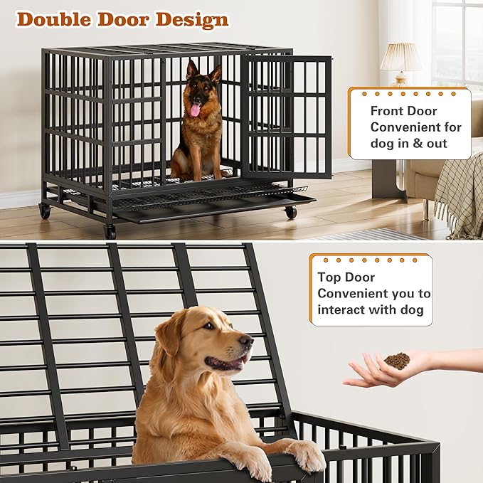 Vongrasig 48/38 "Heavy Duty Indestructible Dog Cages Double Door Escape Cage Kennel, Reinforced Metal Pet Cage, Oversized XL XXL Cage for Large Dogs with Removable Tray
