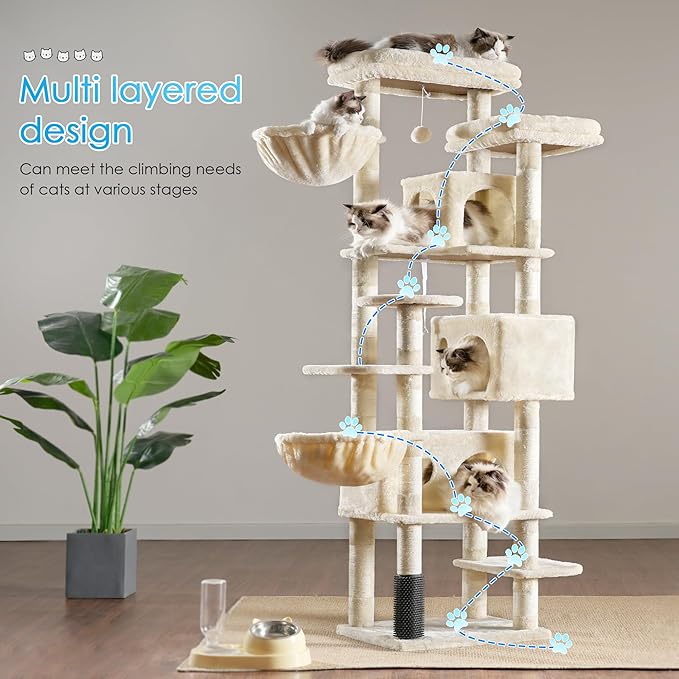 Hey-brother Cat Tree, 74 inches Multi-Level XL Large Cat Tower for Indoor Cats with Three Cat Condos, Two Large Top Decks and Cat Hairbrushfor Kittens, Cats and Pets, Beige MPJ035-MM