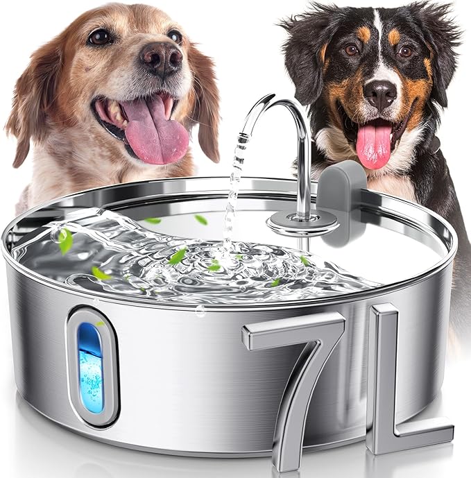 Dog Water Fountain for Large Dogs 7L/236oz Stainless Steel Dog Water Bowl Dispenser Automatic Pet Water Fountain with Deeper Drinking Area, Multi-Filtration Pet Fountain with Ultra-Quiet Pump