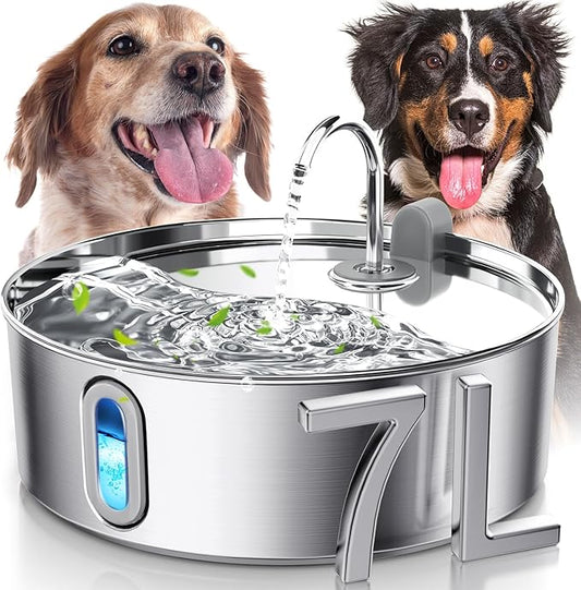 Dog Water Fountain for Large Dogs 7L/236oz Stainless Steel Dog Water Bowl Dispenser Automatic Pet Water Fountain with Deeper Drinking Area, Multi-Filtration Pet Fountain with Ultra-Quiet Pump