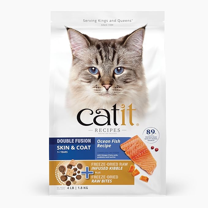 Catit Recipes Double Fusion Skin & Coat Cat Food – Ocean Fish Recipe, High-Protein, Freeze-Dried Raw Toppings, Omega-Rich for Healthy Skin & Fur, No by-Products, Minimally Processed, 4 lb