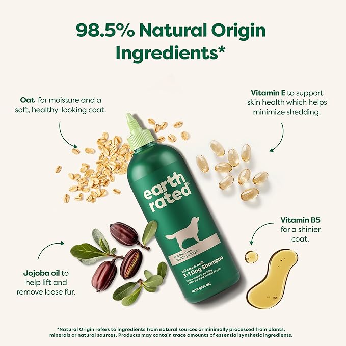 Earth Rated 3-in-1 Deshedding Dog Shampoo and Conditioner, Deodorizing Oatmeal Shampoos for Dogs and Puppies, Great for Smelly Pets, White Tea and Basil Scent, 16 oz