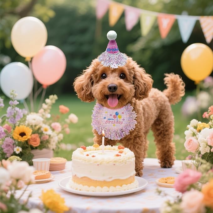 Dog Birthday Party Supplies, Dog Birthday Bandana Set,Bling Boy Girl Party Hat with Numbers for Puppy Large Medium Small Pet (Silver Set, Small)