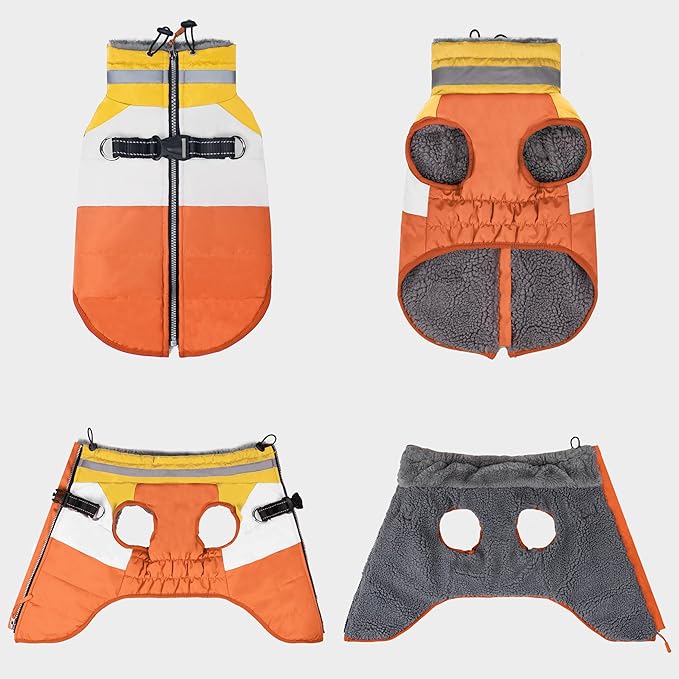 azuza Dog Jacket for Medium Dogs Waterproof Dog Coat with Reflective Strips and Harness Built in Warm Fleece Dogs Winter Coat Windproof with Back Zipper, Orange XL