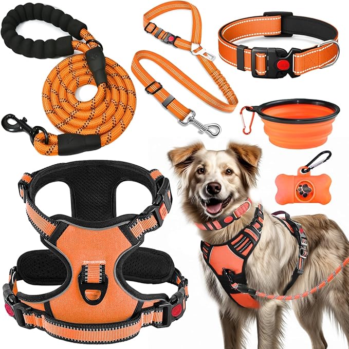 No Pull Dog Harness, Collar & Leash Set | Includes Dog Seat Belt, Collapsible Bowls & Poop Bag Dispenser. Ideal for Training, Walking, Hiking. Fits Small to Large Dogs(Orange-XL)
