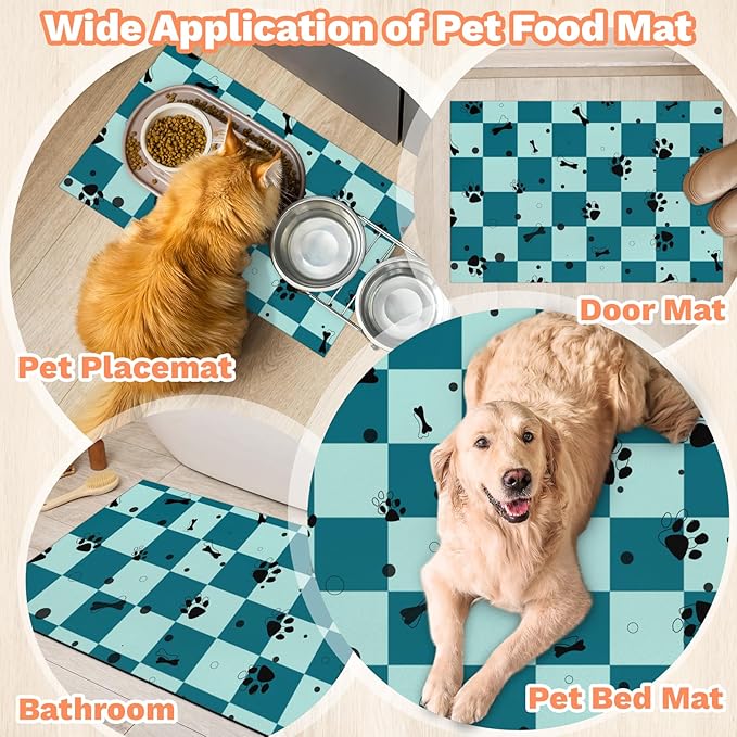 Checkered Absorbent Dog Feeding Mat Quick Dry Diatom Mud Non-Slip Pet Food Placemats Pad with Rubber Backing for Food and Water Bowls 12"x20"