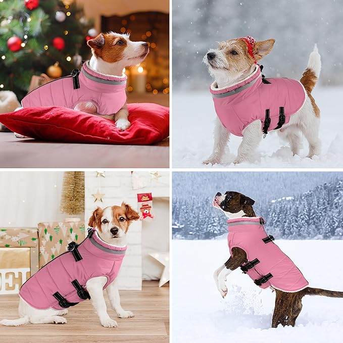 Dogcheer Dog Coat with Harness, Waterproof Dog Jacket Adjustable Winter Coat with Zipper, Christmas Puppy Snow Jacket Fleece Sweater for Small Medium Large Dogs - Light Pink 2XL